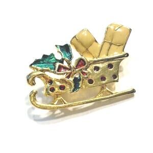 Vintage Christmas sleigh brooch festive holiday lapel pin gold tone & enamel